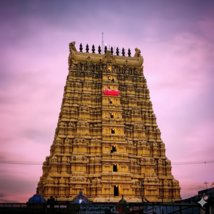 A towering golden gopuram (temple tower) against a vibrant purple and pink twilight sky. The intricate carvings and details of the gopuram are illuminated, and a small red banner or flag is visible near the top.