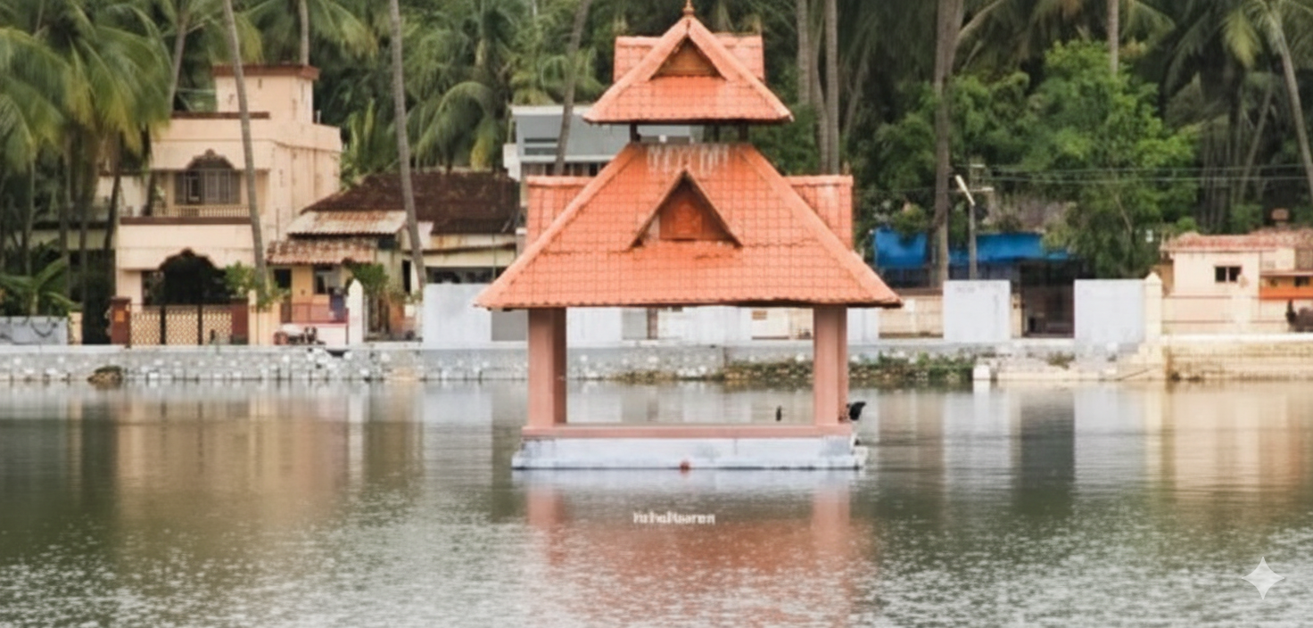 Gemini_Generated_Image_3q6cu3q6cu3q6cu3 Prayagraj Ayodhya Varanasi Tour Package ,A traditional Indian pavilion with a tiered orange roof stands in the middle of a calm body of water, surrounded by lush trees and buildings on the shore."