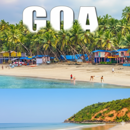 A vibrant collage of Goa, India, featuring a lively beach scene with colorful shacks, palm trees, and people, with the word "GOA" prominently displayed, and a lower panel showing a serene stretch of beach with clear blue water and a lush green headland under a sunny sky.