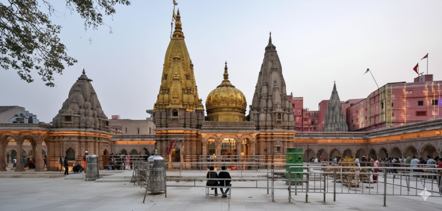 Kashi Vishwanath Temple Varanasi - Golden Spires at Dusk The magnificent Kashi Vishwanath Temple complex in Varanasi at dusk, showcasing its iconic golden spires and domes, surrounded by traditional Hindu architecture and a few devotees in the courtyard.