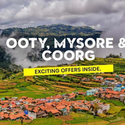 An aerial view of a vibrant village with colorful houses nestled in terraced green hills under a cloudy sky, with "OOTY, MYSORE & COORG" and "EXCITING OFFERS INSIDE." text overlay.