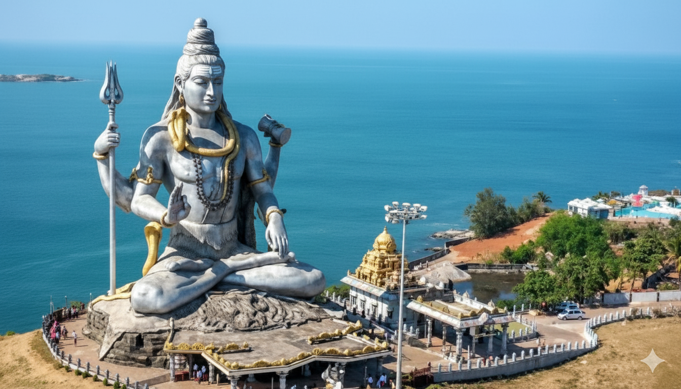 Murudeshwar Shiva Statue with Ocean View A gigantic silver statue of Lord Shiva sitting in a meditative pose overlooking the blue Arabian Sea, with a temple complex and lush green landscape in the foreground.