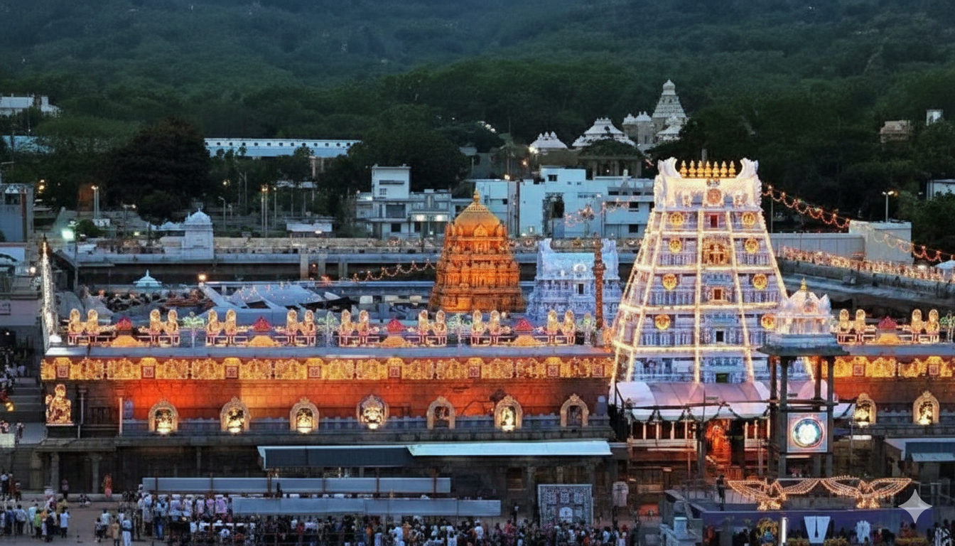 Tirumala Tirupati Balaji Temple Evening Illumination & Devotees Aerial view of the illuminated Tirumala Tirupati Balaji Temple complex at dusk, showcasing its brightly lit gopuram, golden vimanam, and surrounding structures, with many devotees gathered below and green hills in the background.
