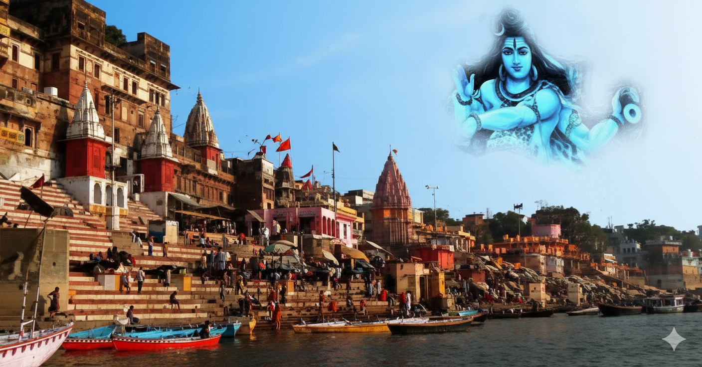 Varanasi Ghats with Divine Shiva Presence A vibrant scene of the historic Varanasi ghats along the Ganges River, with ancient buildings and temples, many people on the steps, boats on the water, and a glowing blue image of Lord Shiva in the sky.