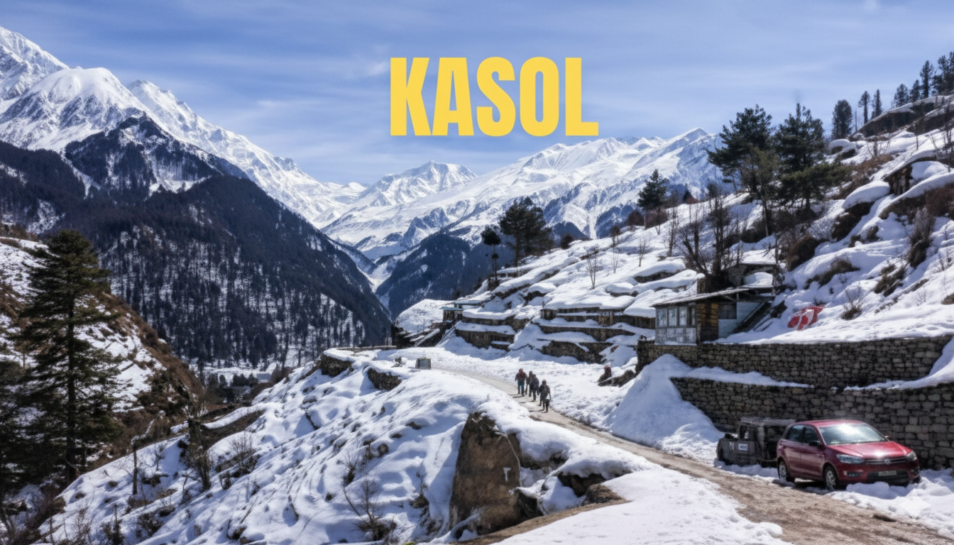 Kasol Winter Wonderland - Snowy Parvati Valley & Himalayas Panoramic winter landscape of Kasol, Himachal Pradesh, showing snow-covered mountain slopes, traditional village houses, a winding snowy road with people and a red car, and majestic snow-capped Himalayan peaks in the background, with 'KASOL' text overlay.