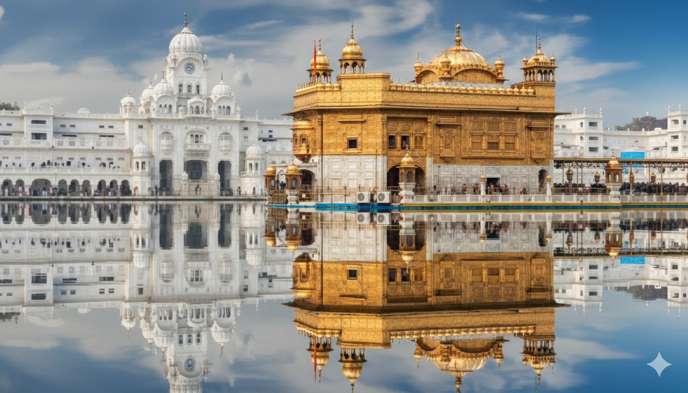 Gemini_Generated_Image_e7kk5e7kk5e7kk5e Vaishno Devi Amritsar Tour Package from Delhi The Golden Temple (Harmandir Sahib) in Amritsar, India, reflected in its sacred pool, with the Akal Takht in the background.