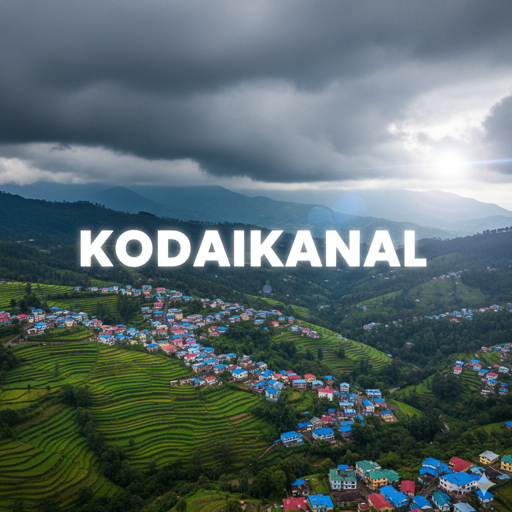Kodaikanal Hill Station - Scenic Village & Terraced Fields An aerial view of a picturesque hill station village in Kodaikanal, with brightly colored houses nestled among lush green terraced farmlands under a dramatic cloudy sky, with "KODAIKANAL" text overlay.