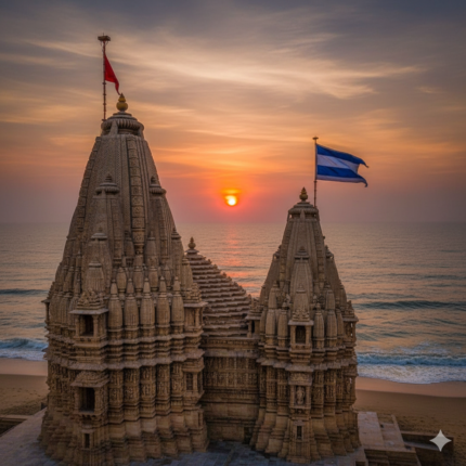 The majestic Dwarkadhish Temple in Dwarka, Gujarat, featuring its ornate spires and flags, set against a stunning ocean backdrop with a vibrant orange and blue sunset over the Arabian Sea.