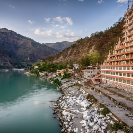 Panoramic view of the multi-storied Tera Manzil Temple (Trimbakeshwar Temple) on the banks of the turquoise Ganges River in Rishikesh, with the Himalayas in the background under a blue sky.