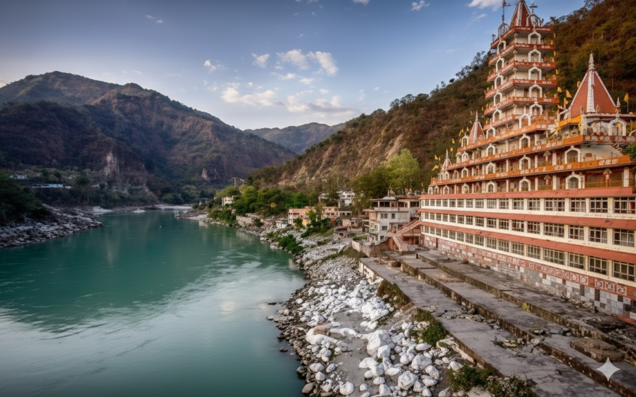 Tera Manzil Temple Rishikesh - Ganges River & Himalayan Views Panoramic view of the multi-storied Tera Manzil Temple (Trimbakeshwar Temple) on the banks of the turquoise Ganges River in Rishikesh, with the Himalayas in the background under a blue sky.