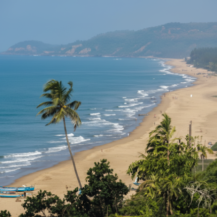 Gokarna tour packages,Panoramic view of a tropical sandy beach with ocean waves, a leaning palm tree, and distant mountains.
