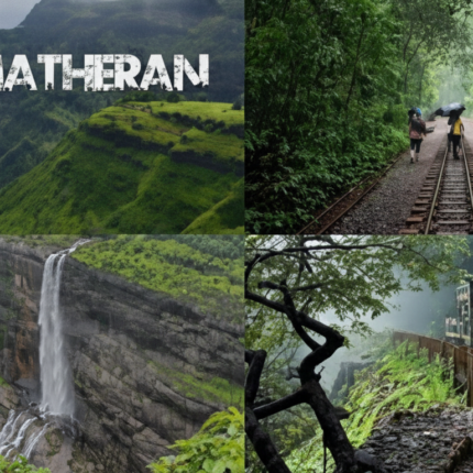 A collage of four images showcasing the natural beauty of Matheran: a panoramic view of lush green hills with "MATHERAN" text, people walking on railway tracks through a dense forest, a majestic waterfall cascading down a cliff, and the Matheran toy train on its scenic route. Title: Matheran Hill Station - Nature, Waterfalls & Toy Train