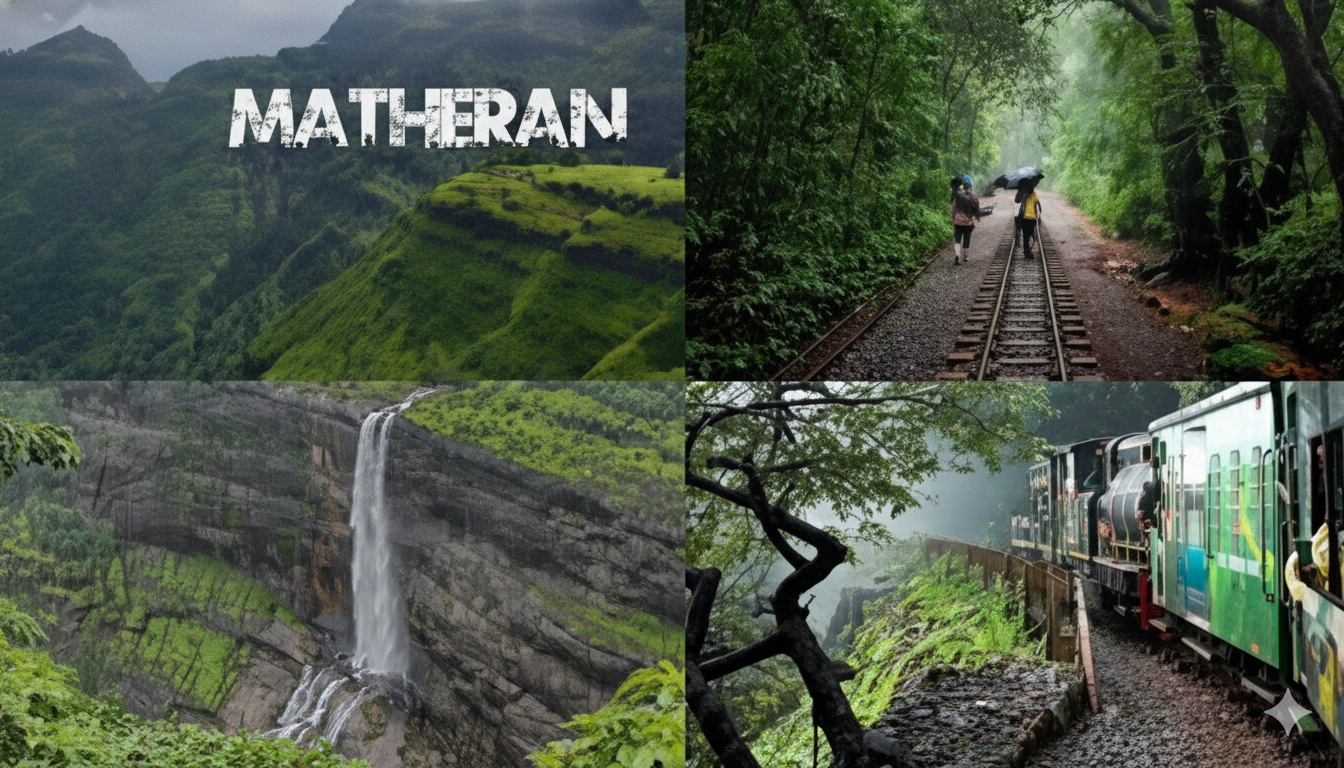 Matheran Hill Station - Nature, Waterfalls & Toy Train A collage of four images showcasing the natural beauty of Matheran: a panoramic view of lush green hills with "MATHERAN" text, people walking on railway tracks through a dense forest, a majestic waterfall cascading down a cliff, and the Matheran toy train on its scenic route. Title: Matheran Hill Station - Nature, Waterfalls & Toy Train