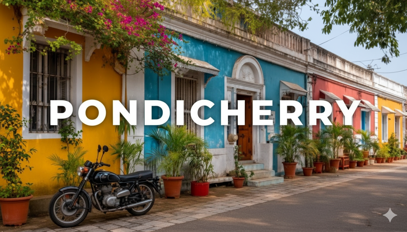 Pondicherry French Quarter - Colorful Colonial Architecture and Charming Streets A beautiful and colorful street scene in the French Quarter of Pondicherry (Puducherry), showcasing brightly painted colonial houses in yellow, blue, and orange, lined with potted greenery. A black vintage motorcycle is parked on the cobblestone street with the text "PONDICHERRY" overlaying the image