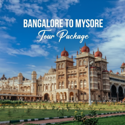The magnificent Mysore Palace, a grand architectural masterpiece with intricate details and iconic domes, set against a vibrant blue sky, with "BANGALORE TO MYSORE Tour Package" text overlay.