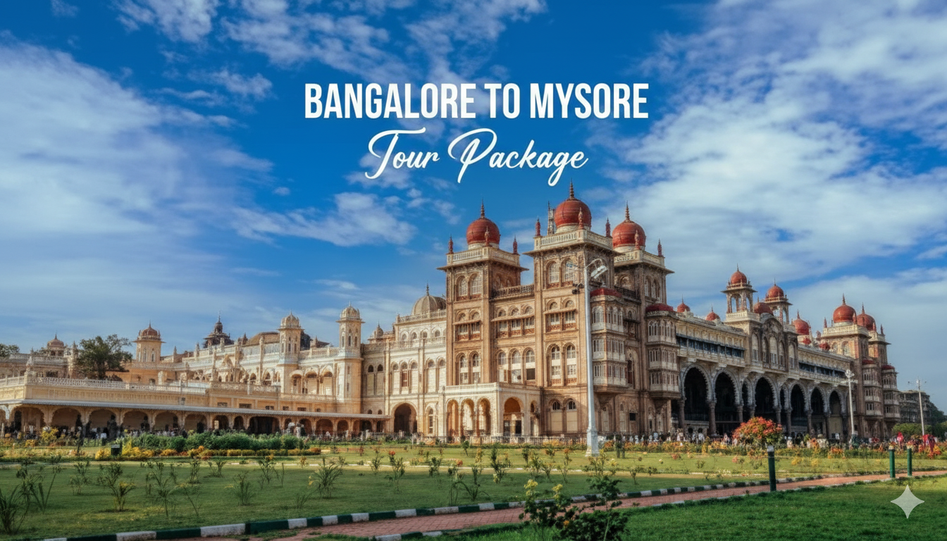 Mysore Palace - Bangalore to Mysore Tour Package The magnificent Mysore Palace, a grand architectural masterpiece with intricate details and iconic domes, set against a vibrant blue sky, with "BANGALORE TO MYSORE Tour Package" text overlay.