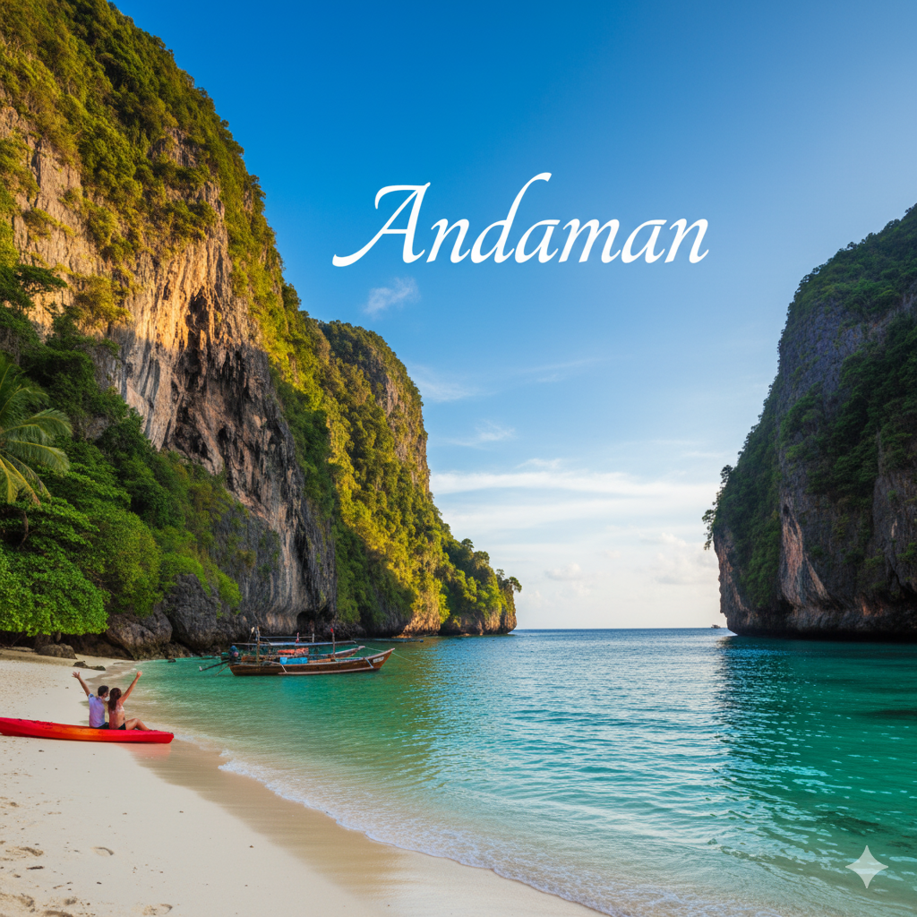 Andaman Islands Travel - Pristine Beaches & Limestone Cliffs Stunning beach scene in the Andaman Islands with turquoise waters, towering limestone cliffs, traditional longtail boats, a red kayak on the white sand, and a couple relaxing, with 'Andaman' text overlay.