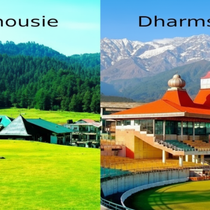 Split image showcasing two Indian hill stations: Dalhousie with lush green meadows and pine forests, and Dharamshala with the HPCA cricket stadium in the foreground and majestic snow-capped Dhauladhar mountains behind