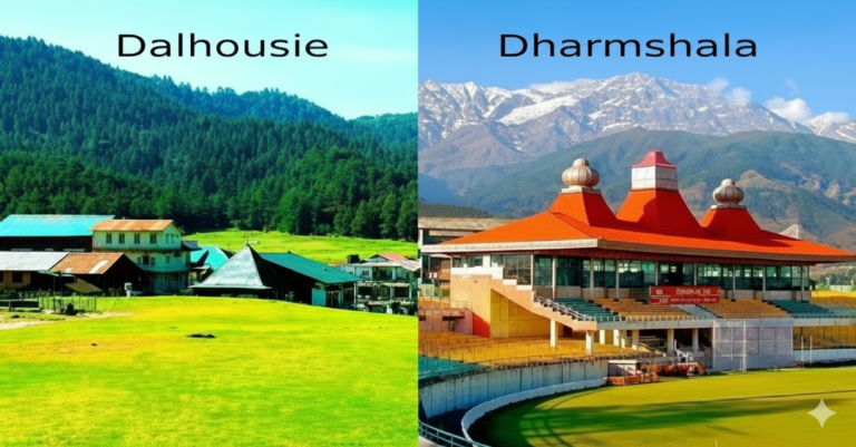 Split image showcasing two Indian hill stations: Dalhousie with lush green meadows and pine forests, and Dharamshala with the HPCA cricket stadium in the foreground and majestic snow-capped Dhauladhar mountains behind