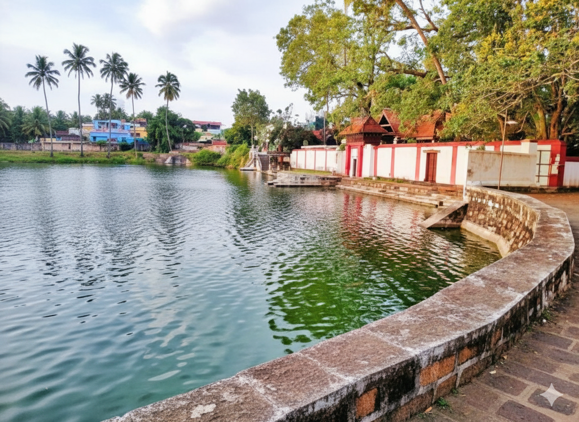 Gemini_Generated_Image_k3q9ltk3q9ltk3q9 varanasi ayodhya tour package , A tranquil temple pond in India with traditional temple architecture and lush green trees along its banks.