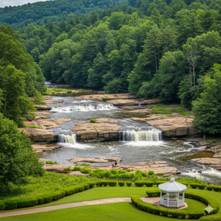 Scenic view of a multi-tiered river cascading over rocky formations, creating small waterfalls amidst lush green forests, with a white gazebo and manicured lawn in the foreground.