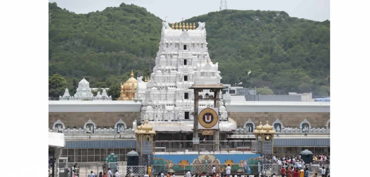 Tirumala Tirupati Balaji Temple - Venkateswara Swamy Darshan" "The iconic white gopuram of the Sri Venkateswara Temple (Tirupati Balaji) at Tirumala, with devotees gathered in the foreground and lush green hills of the Eastern Ghats behind."