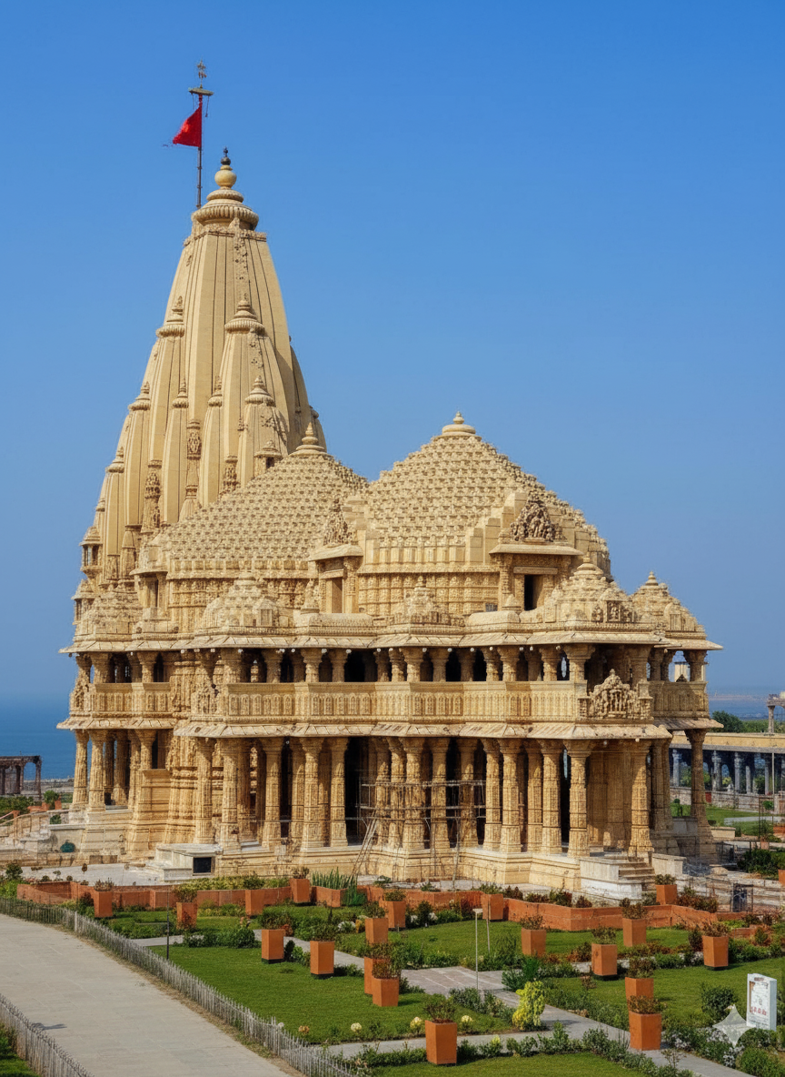 "Somnath Temple Gujarat - Jyotirlinga Shrine & Coastal Beauty" "The magnificent Somnath Temple, a historic Hindu pilgrimage site, featuring intricate stone carvings, towering shikhara, and a vibrant red flag, set against a clear blue sky, with the ocean visible in the background."