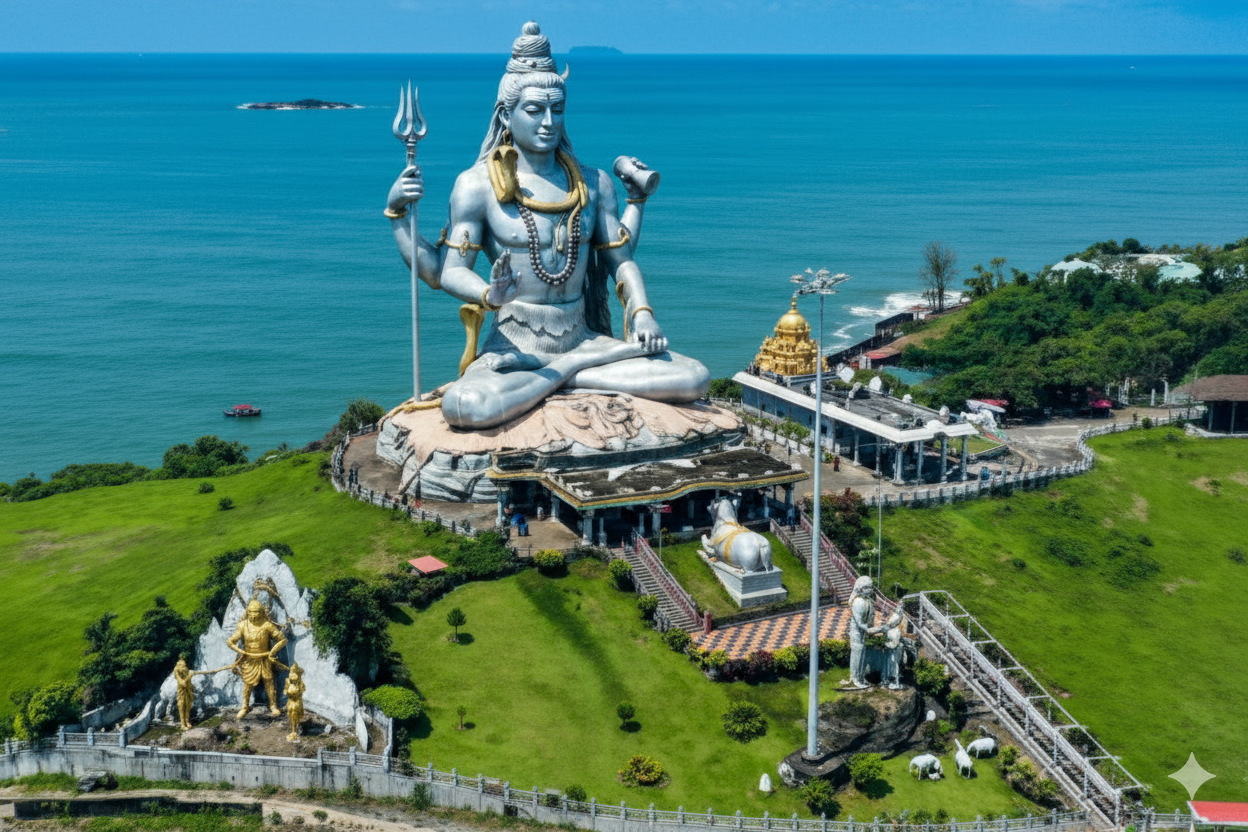 Murudeshwar Shiva Statue and Temple Complex from Above An impressive aerial view of the colossal silver Lord Shiva statue in Murudeshwar, surrounded by lush green hills, overlooking the vast blue Arabian Sea, with a temple complex and other smaller statues in the foreground.