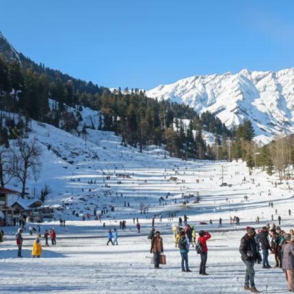 Wide shot of a bustling snowy landscape in Manali, Himachal Pradesh, with tourists enjoying winter activities, charming wooden buildings, and majestic snow-capped Himalayan mountains in the background under a clear blue sky