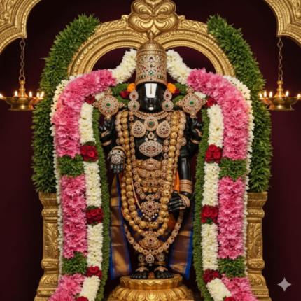 Close-up of the intricately adorned idol of Lord Venkateswara Swamy (Balaji) from Tirumala, richly decorated with gold jewelry, precious gems, and vibrant flower garlands, against a dark red background.