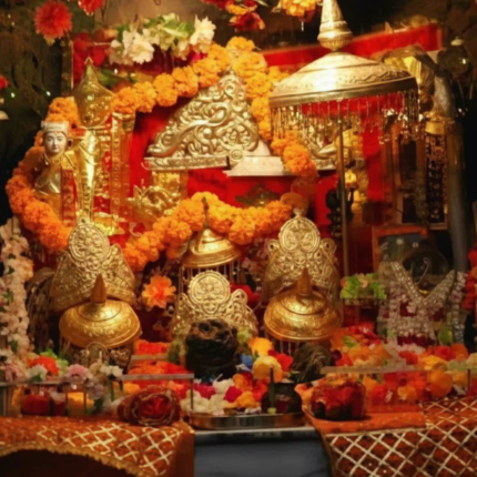 A vibrant and richly decorated interior of the Vaishno Devi Bhawan, showing the three naturally formed Pindies (holy rocks) adorned with golden crowns, surrounded by colorful flowers and religious offerings.