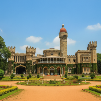Front view of the majestic Bangalore Palace, a grand Tudor-style castle with its distinctive turrets, towers, and ivy-clad walls, surrounded by well-maintained gardens under a clear blue sky.