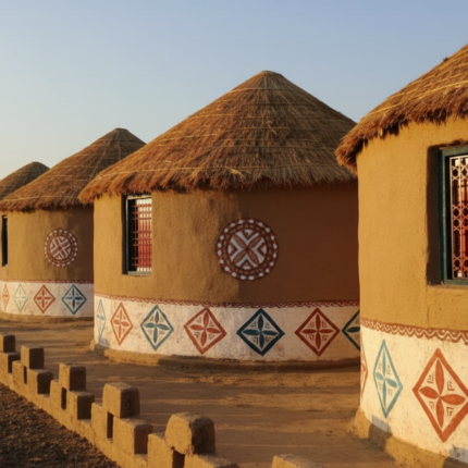 Row of traditional Indian mud huts with thatched roofs and decorative patterns.