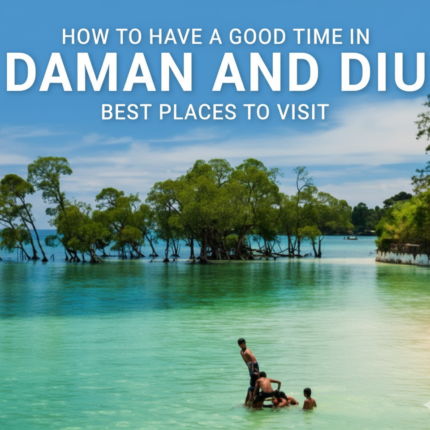 People enjoying the clear, shallow turquoise waters of a beach in Daman and Diu, with mangrove trees growing in the sea and lush green foliage on the shore under a bright blue sky, with text 'HOW TO HAVE A GOOD TIME IN DAMAN AND DIU BEST PLACES TO VISIT'